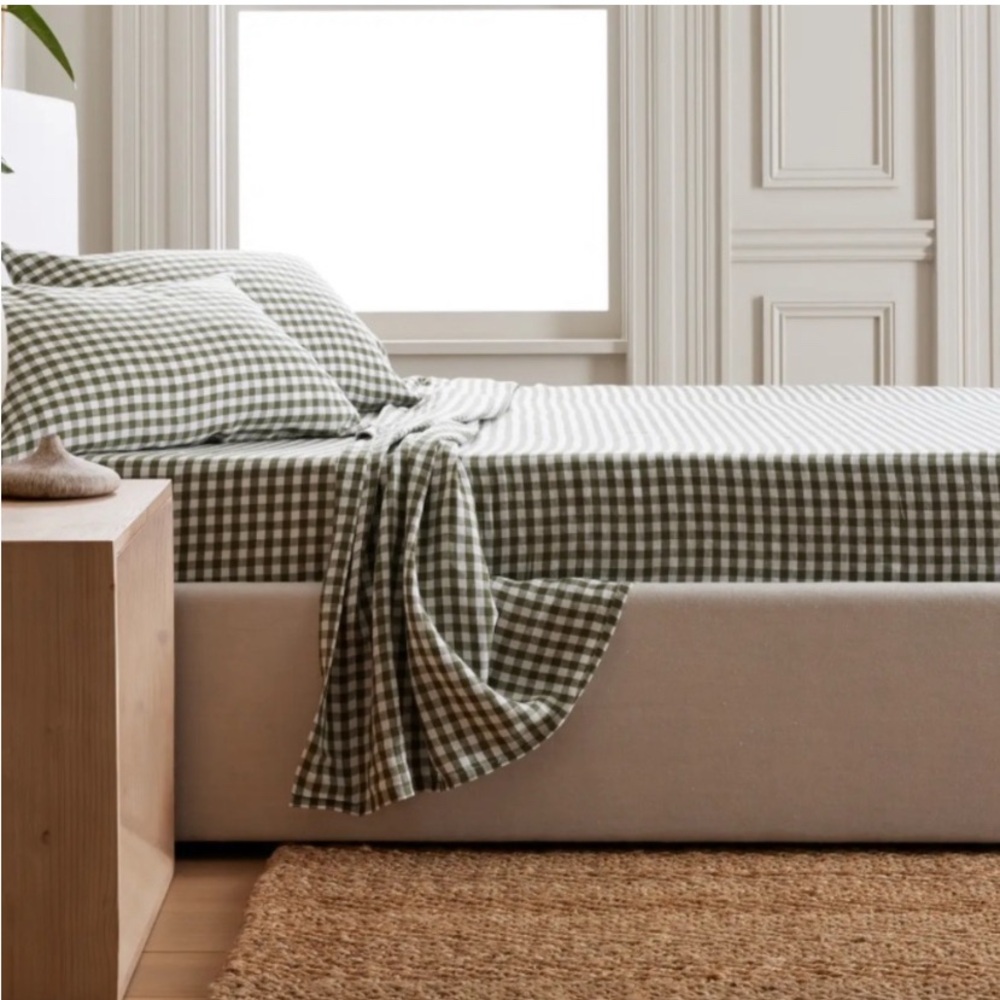 QUINCE European Linen Sheet Set King Olive Gingham 9262